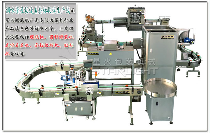星火調(diào)味醬灌裝旋蓋套標收膜生產(chǎn)線介紹及設(shè)備展示